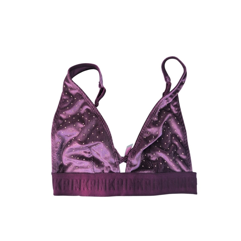 PINK Purple Satin Wireless Bralette Logo Band Adjustable Straps XS Y2K style